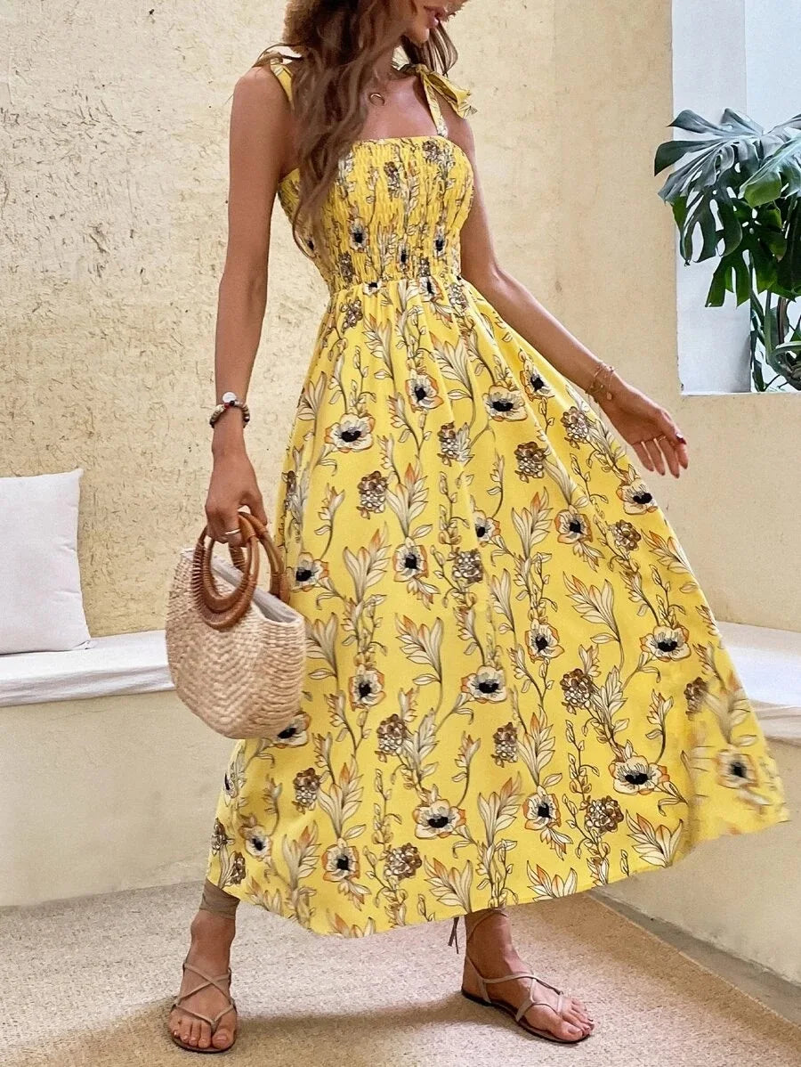 Floral Long Dress Women's Backless Sleeveless Bandage Beach Sundress Casual Green Summer Ladies Dresses