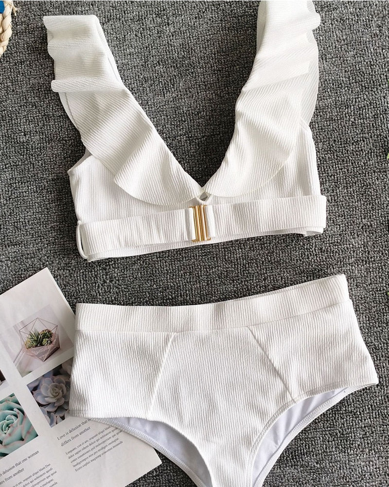 2 Piece Women Swimsuit Solid Colour Short Puff Sleeve Summer High Waist Cut Backless Bathing Suit Beachwear Bikini Set The Clothing Company Sydney