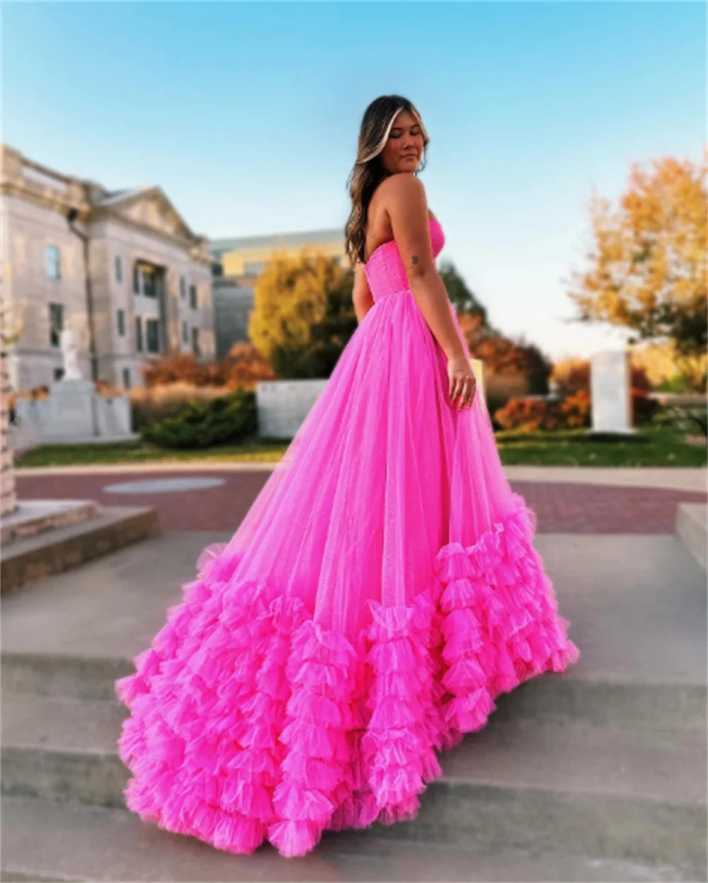 Strapless Hot Pink Evening Dress Princess Puffy A-line Party Dress Tulle Sweep Tail Multi layer Dress The Clothing Company Sydney