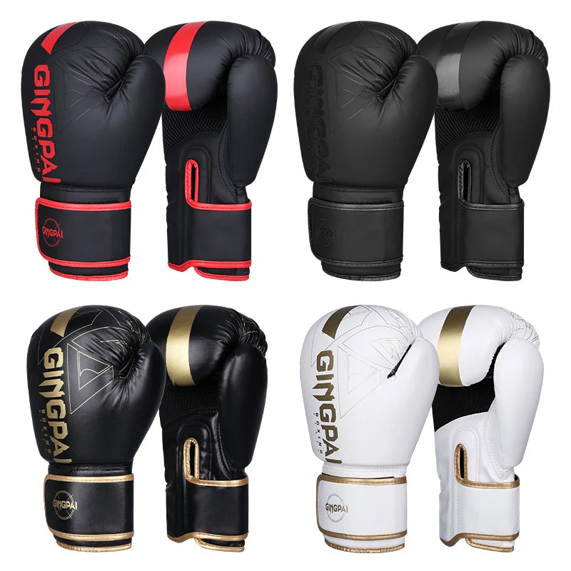 Black PU Muay Thai boxing gloves for adults and kids, designed for MMA, kickboxing, and training