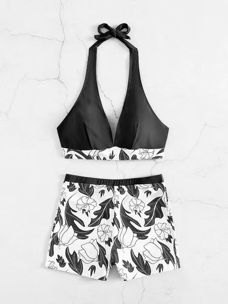 2 Piece Halter Bikini Set Shorts Swimsuit High Waist Swimwear Female Printed Bathers Swimming Bathing Swim Suit Beachwear