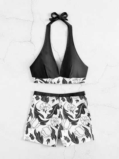 2 Piece Halter Bikini Set Shorts Swimsuit High Waist Swimwear Female Printed Bathers Swimming Bathing Swim Suit Beachwear