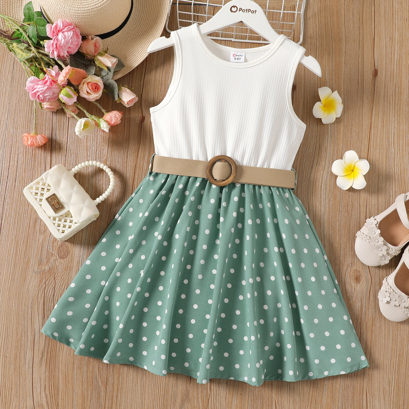 2 Piece Girl Dresses Kids Clothes Girl  Polka Dots Ribbed Girls Splice Sleeveless Dress & Belt The Clothing Company Sydney