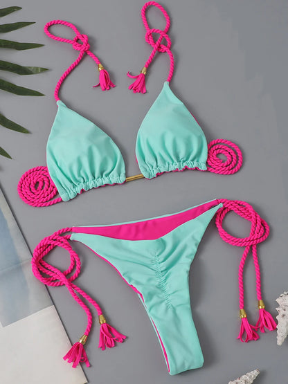 2 Piece Triangle String Bikini Swimsuit Solid Thong Swimwear Swimming Suit Summer Beachwear - The Clothing Company Sydney