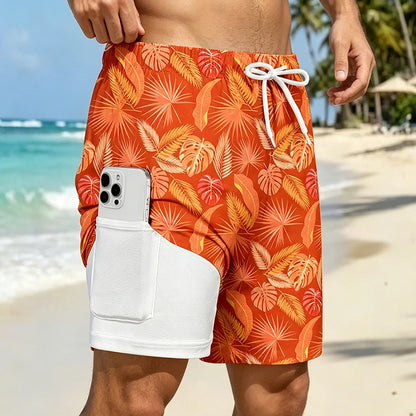 Men's quick-dry double-layer beach print swim trunks with phone pockets and compression liner