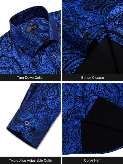 Pink Blue Red Paisley Print Men's Long Sleeve Social Men Clothing Tops Slim Fit Dress Shirts