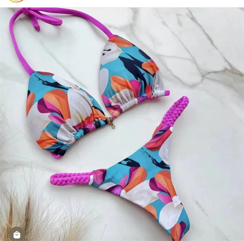 Women's Bikini Roped Swimsuit Set Split European And American Printed Beach Swimwear
