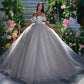 Shiny Wedding Dresses Women's Bohemian Off Shoulder Tulle Fluffy Pleated Princess Bridal Gowns