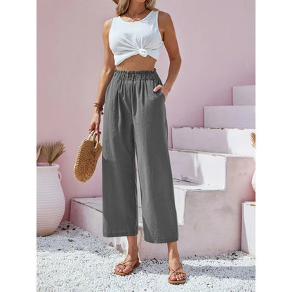 Women's Cotton Linen Loose Wide Leg Pants Summer Female High Elastic Waist Button Casual Streetwear Trousers The Clothing Company Sydney