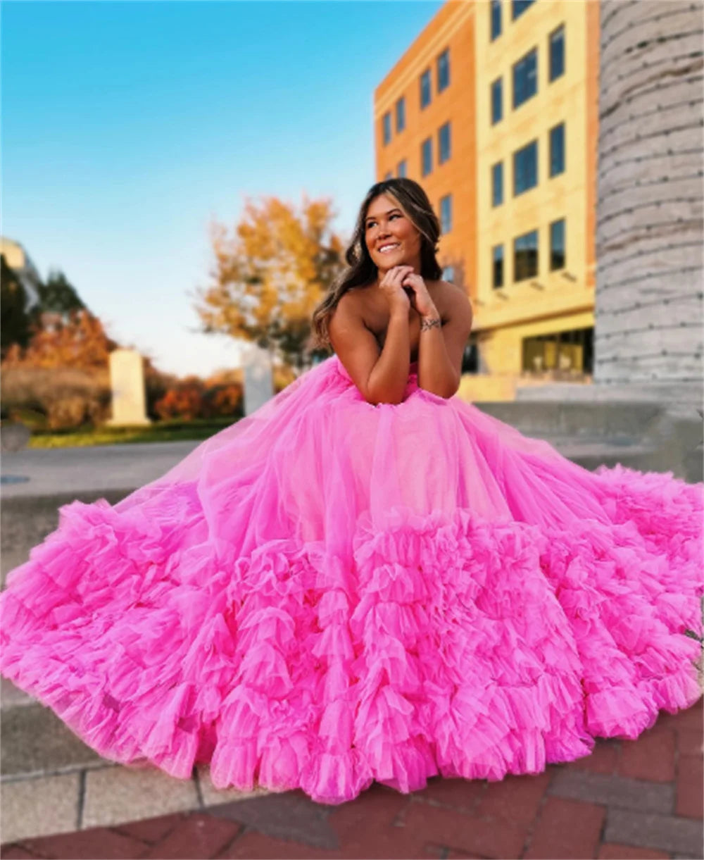 Strapless Hot Pink Evening Dress Princess Puffy A-line Party Dress Tulle Sweep Tail Multi layer Dress The Clothing Company Sydney