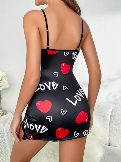 Heart Letter Floral Print Slip Nightdress Lace Trim Deep V Side Split Women's Sleepwear Dress The Clothing Company Sydney