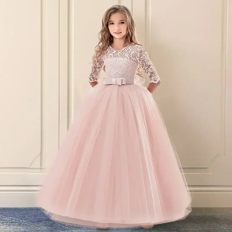 Teens Girls Princess Dress for Party Ball Gown Wedding White Dresses Kids Birthday Bridesmaid Costume Lace Flower Pageant Dress