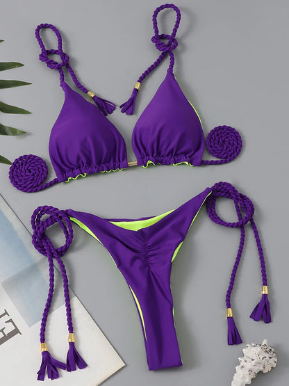 2 Piece Triangle String Bikini Swimsuit Solid Thong Swimwear Swimming Suit Summer Beachwear - The Clothing Company Sydney