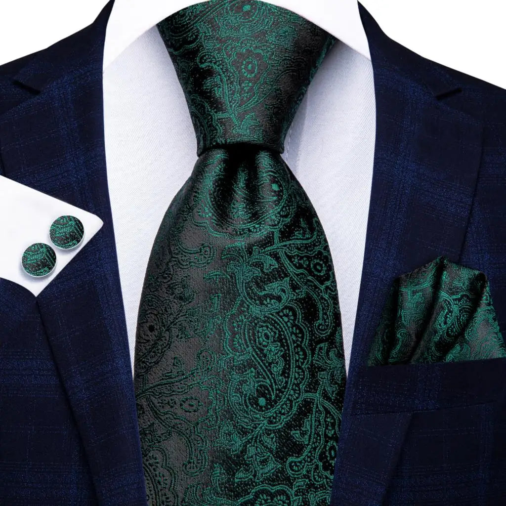 Green Paisley Silk Tie Set for Men – Necktie, Pocket Square & Cufflinks The Clothing Company Sydney