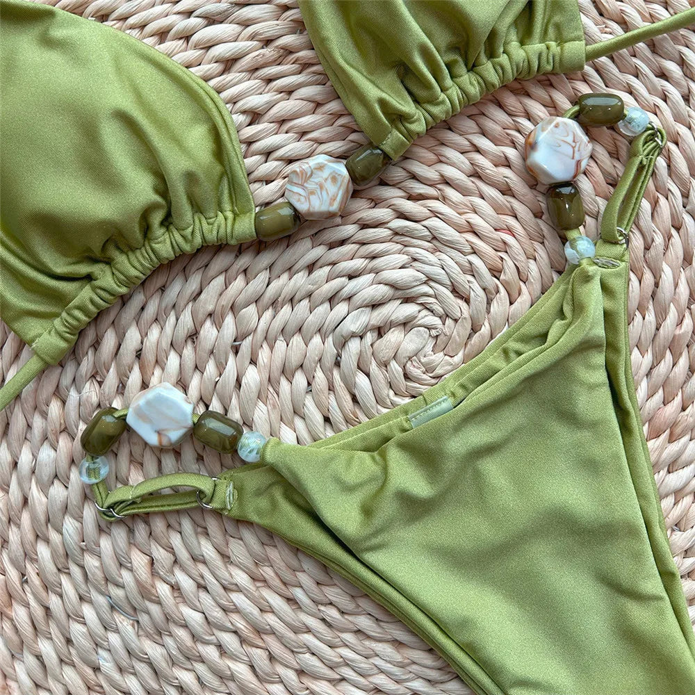 2 Piece Green Swimwear Halter Triangle Bead String Bikini Mini Micro Thong Swimsuit Summer Brazilian Bikinis Sets The Clothing Company Sydney