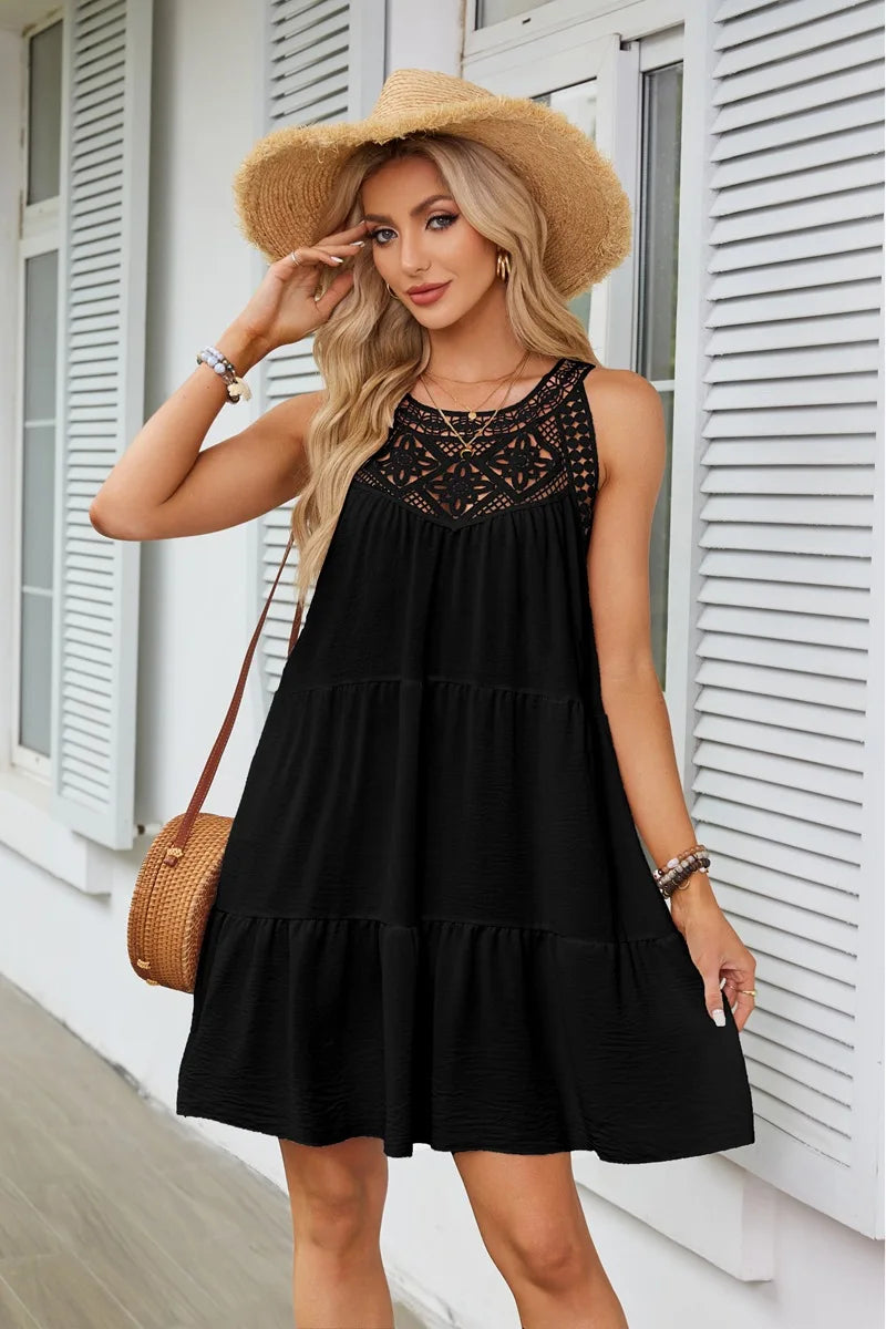 Hollow Lace Patchwork Halter Neck Women A Line Dress Summer Casual Solid Color Loose Beach Holiday Sundress The Clothing Company Sydney