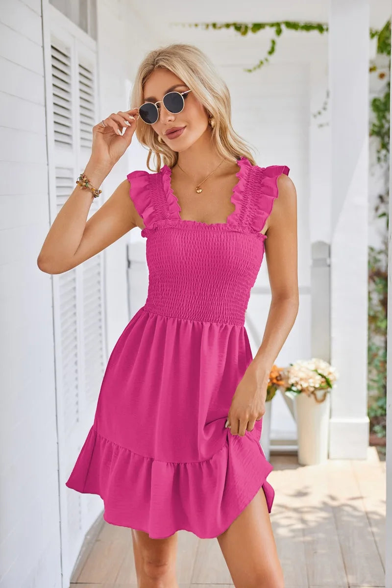 Womens Summer Casual Boho Sleeveless Backless Square Neck Smocked Ruffle Mini Dress A-Line Swing Sundress