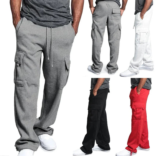 Men Cargo Jogger Autumn Winter Fleece Sweatpants Loose Fit Trousers Multi Pocket Overalls Hip Hop Streetwear Cargo Long Pants