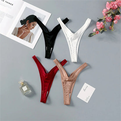 High Slit Deep V Thong for Women Low Waist Seamless G Strings Breathable Elastic Ladies V Strings Plus Size Underwear