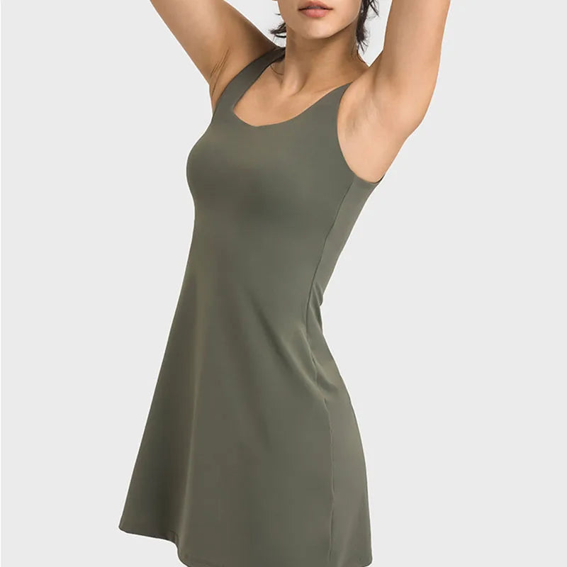 Square Neck Tennis Golf Dress Skirt Sleeveless Exercise Sport Dresses with Built In Shorts Pocket The Clothing Company Sydney