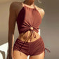 Brown Ribbed Swimwear Shorts Swimsuits Women Halter Bikinis Set String Drawstring Bathing Suit Beachwear The Clothing Company Sydney