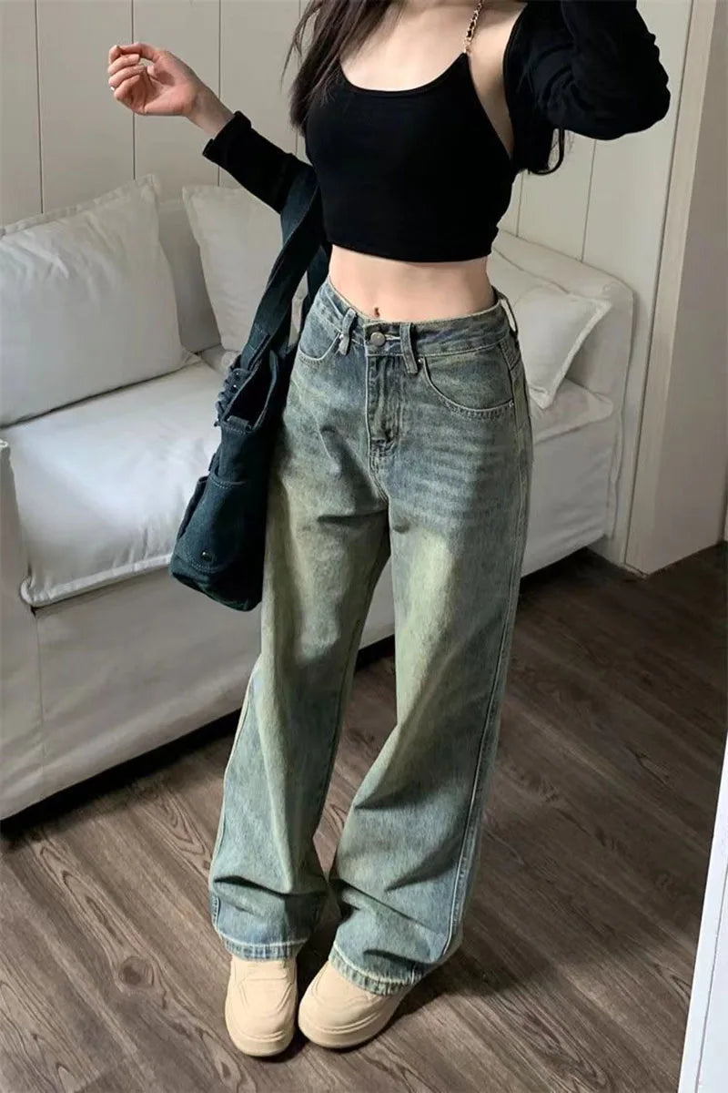 Vintage Baggy Straight Denim Trousers Y2K High Waist Loose Wide Leg Jeans Women Streetwear All-Match Casual Pants