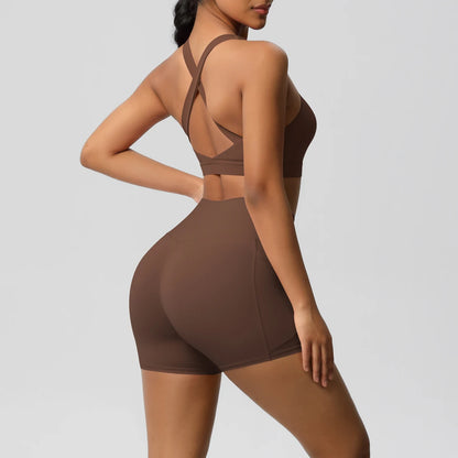 2 Piece Sportswear With Pocketed Gym Clothes Yoga Suits Women Tracksuits Sports Shorts Crossover Bra Leggings Set