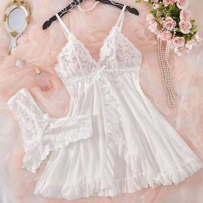 Women's plus-size lace lingerie nightgown and thong set with suspender details, bra and nightdress