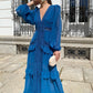 Women V-neck Lantern Long Sleeves Maxi Dress Elegant Patchwork Ruffles Hollow Lace Slim  Summer Dress