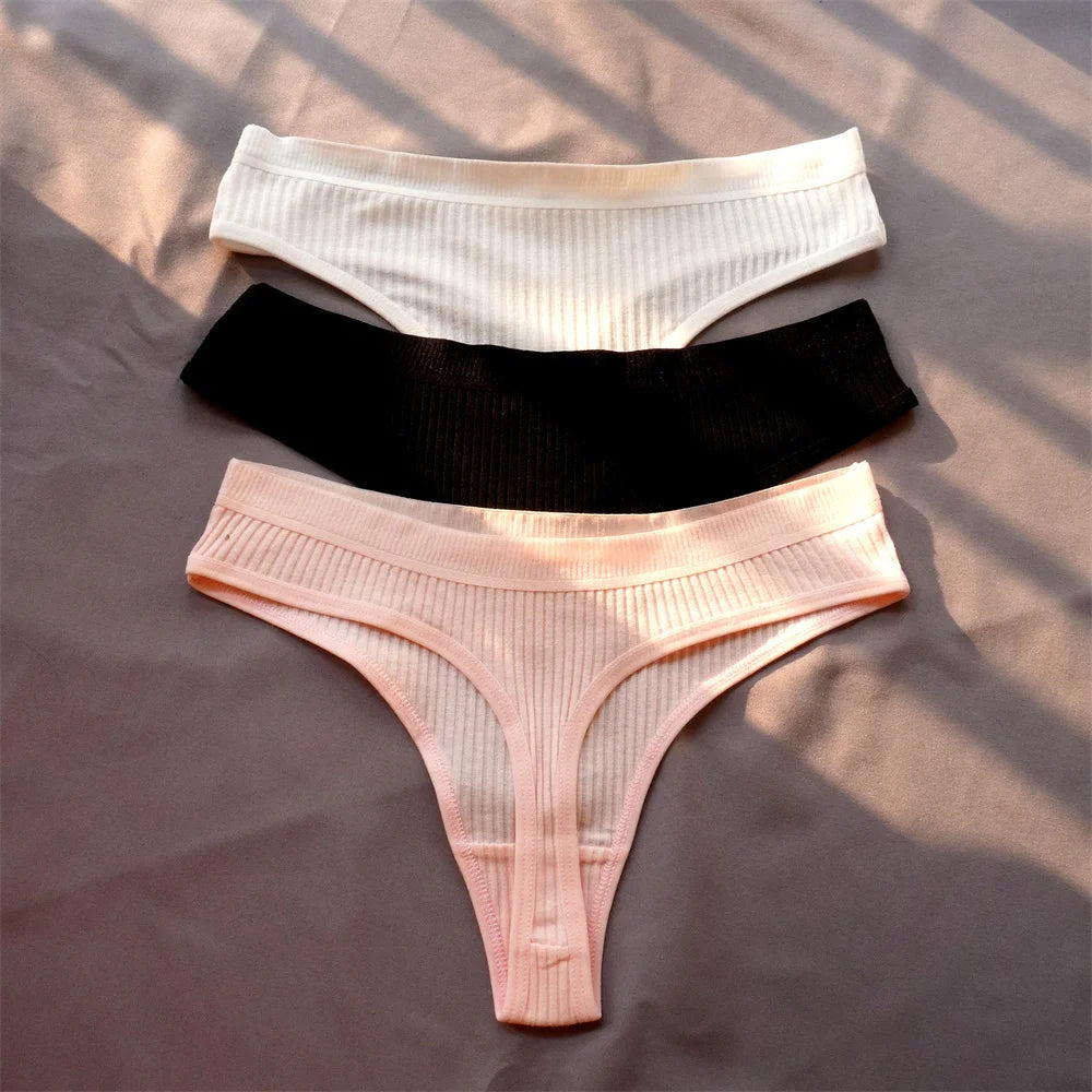 3 Pack Seamless Ribbed Cotton Thong Low Waist Bikini Briefs Sports Underwear Plus Size