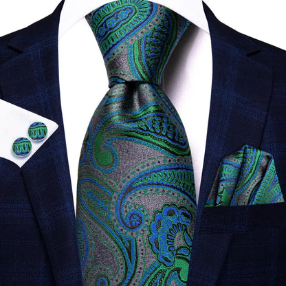 Green Paisley Silk Tie Set for Men – Necktie, Pocket Square & Cufflinks The Clothing Company Sydney