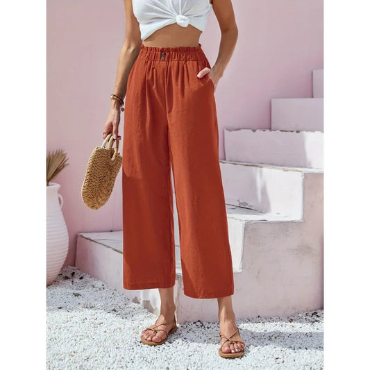 Women's Cotton Linen Loose Wide Leg Pants Summer Female High Elastic Waist Button Casual Streetwear Trousers The Clothing Company Sydney