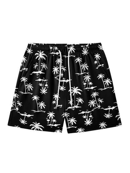 Men's quick-dry double-layer beach print swim trunks with phone pockets and compression liner