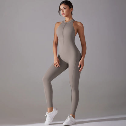 Hollow Backless Scrunch Sporty Jumpsuit Woman Gym Set One Piece Sport Suit Sleeveless Zip Yoga Fitness Overalls