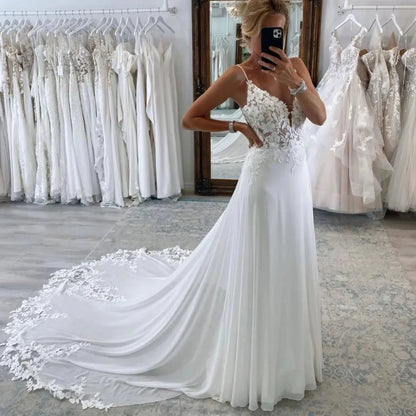 Beach A Line Chiffion Wedding Dresses V-neck Spaghetti Straps Backless Button Boho Bridal Gowns