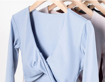 Long Sleeve Gym Crop Tops for Women Twist Deep V Workout Crop T Shirt Top Quick Dry Padded Sports Fitness Yoga Top The Clothing Company Sydney