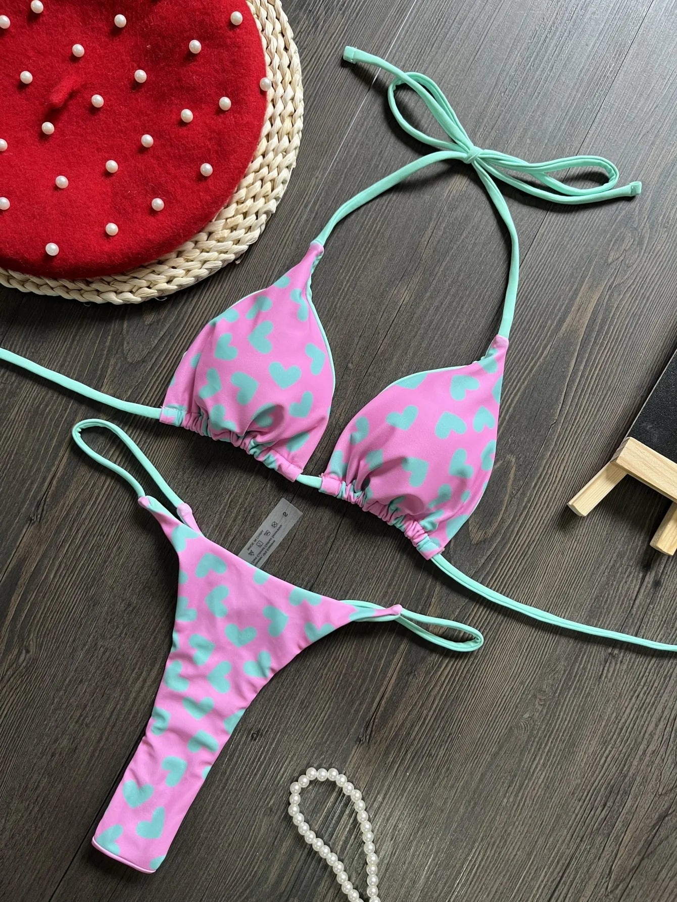 2 Piece Love Print  Backless Split Swimsuit G String Bikini Swimwear