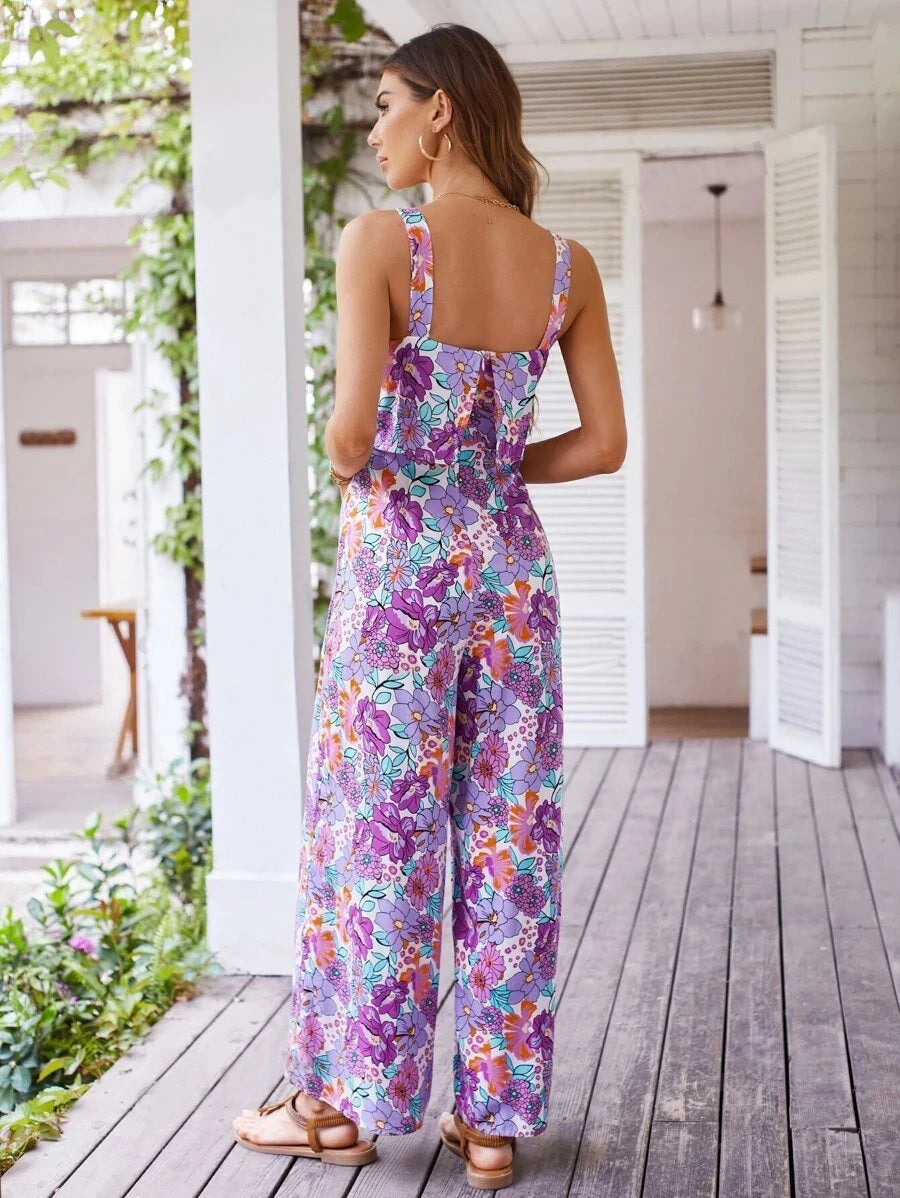 Elegant Long Women's Backless Wide Leg Jumpsuits Casual Sleeveless Floral Rompers Summer Matching Outfit Set