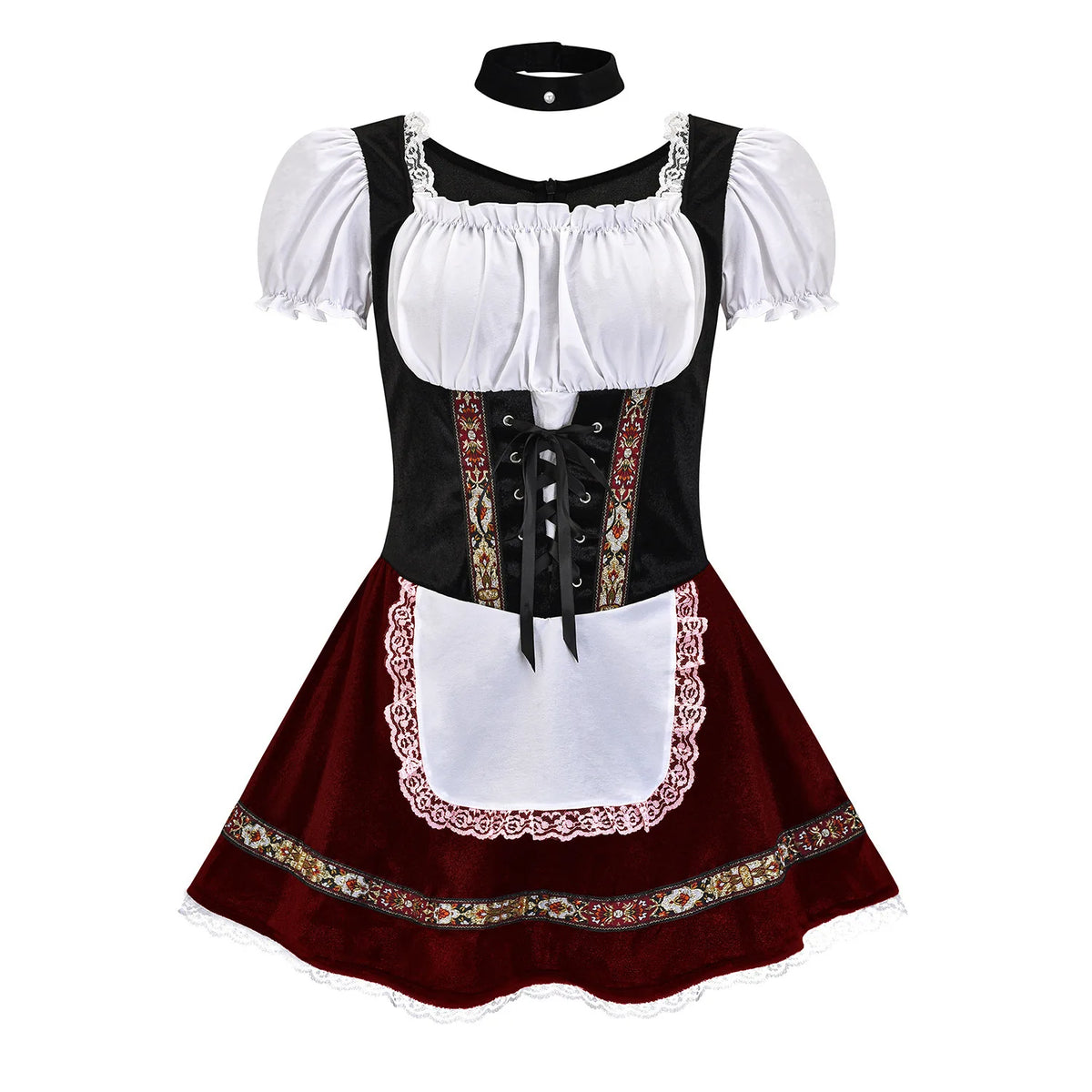 Women's Elegant Ruffled Lace Up Maid Cosplay Costume Oktoberfest Bavarian Dirndl Vintage Festival Dress