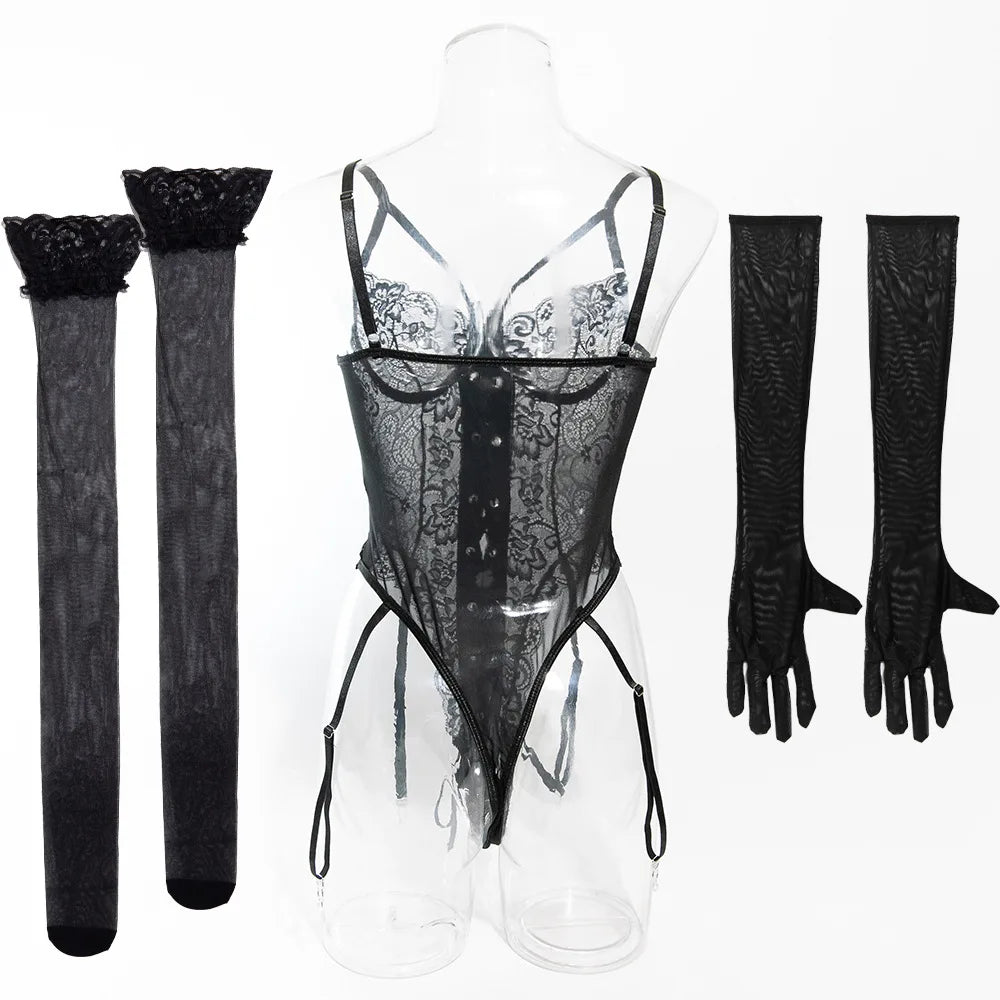 Lace Bodysuit Lace Up Costume Long Gloves Stocking See-Through Tights Lingerie Matching Outfit Set