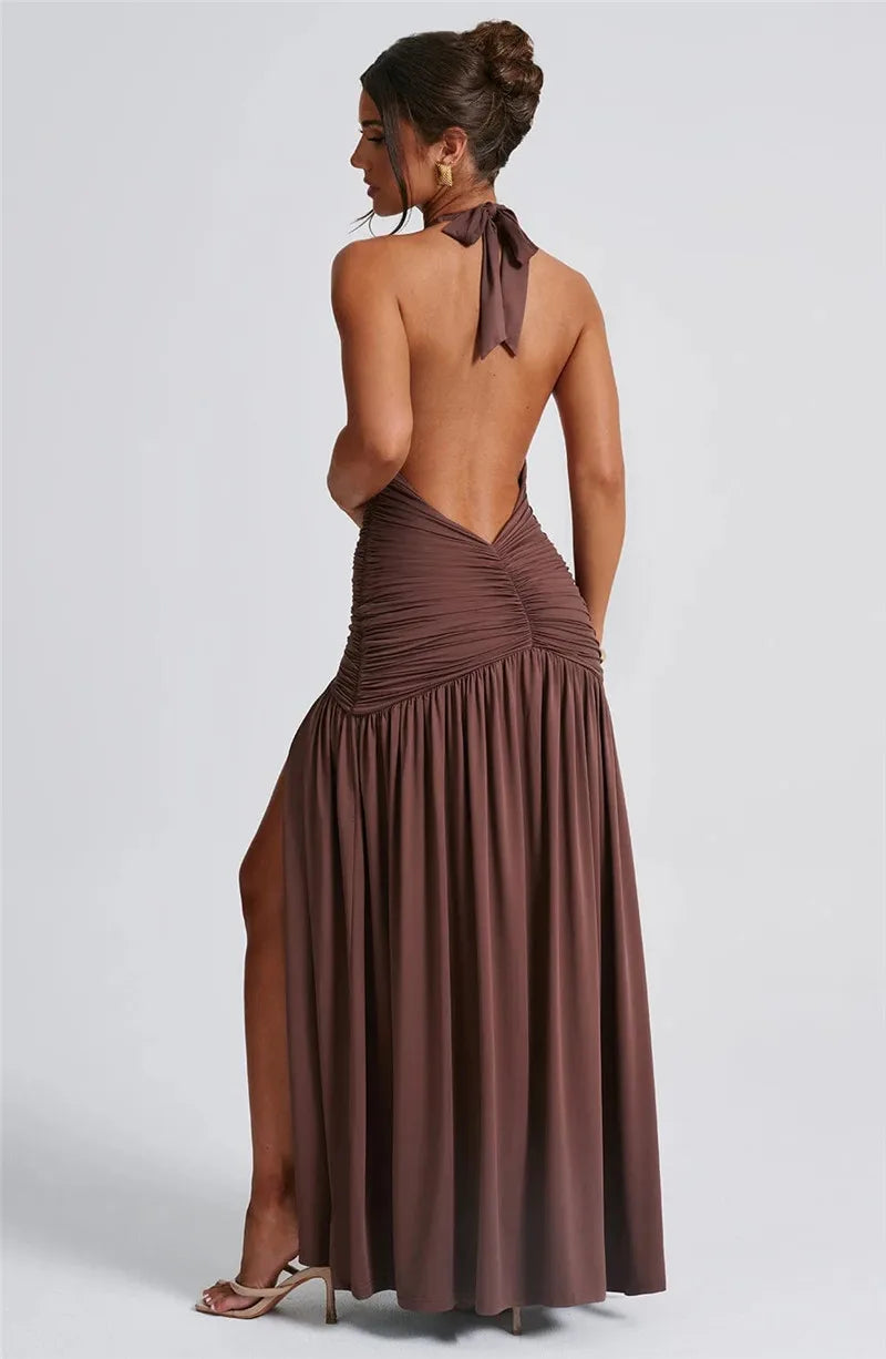 Halter Deep V Neck Backless Maxi Sleeveless Thigh High Split Long Dress The Clothing Company Sydney