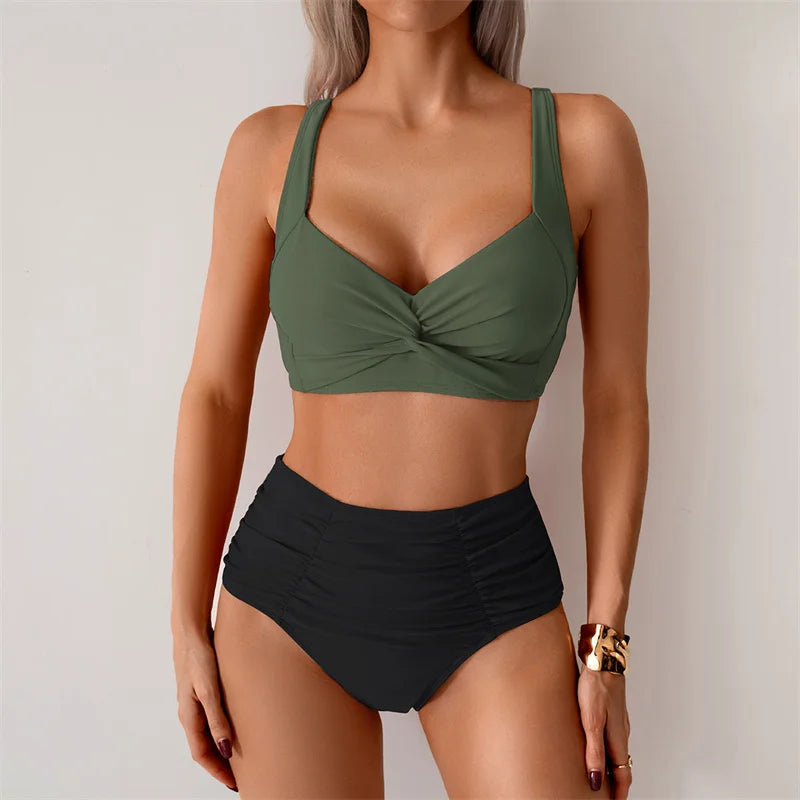 High Waist Women’s Two Piece Swimsuit Bikini Swimwear Beach Surfing Classical Bathing Suit