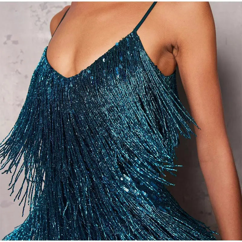 Tassel Sequins Feather Mini Dress Women's Spaghetti Strap Stitching Elegant Evening Party Club Dress