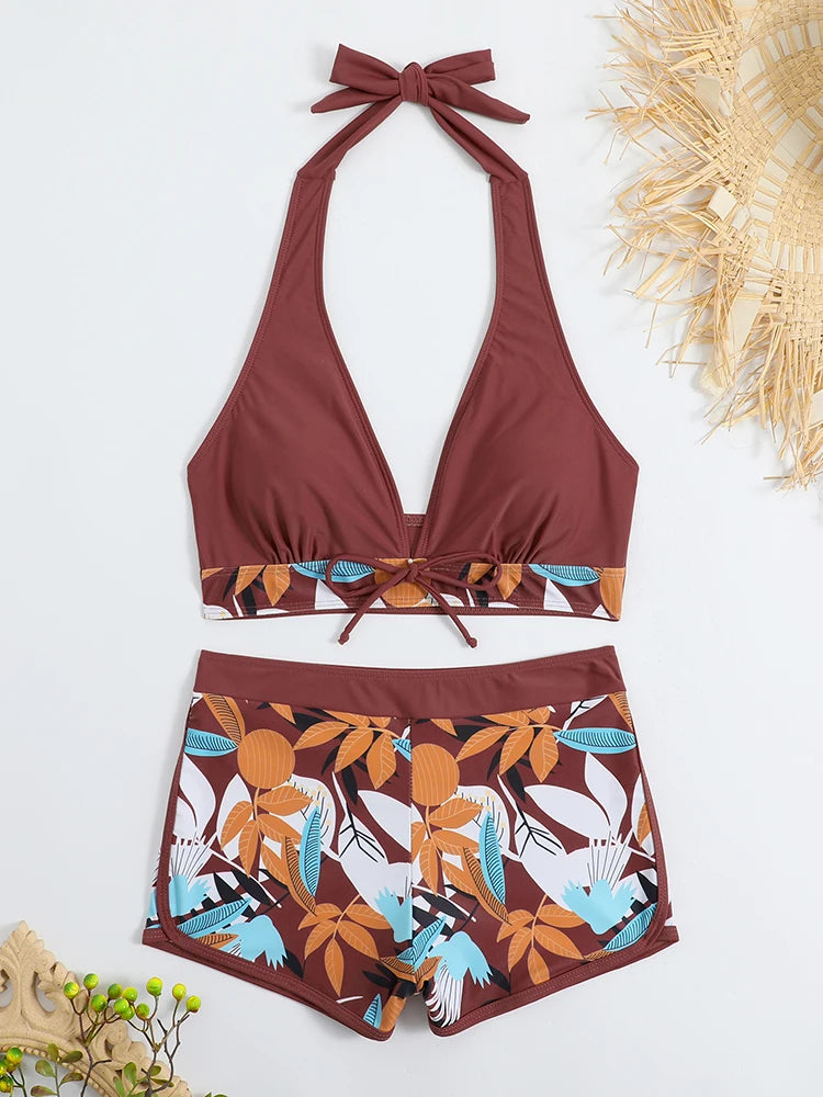 2 Piece Halter Bikini Set Shorts Swimsuit High Waist Swimwear Female Printed Bathers Swimming Bathing Swim Suit Beachwear