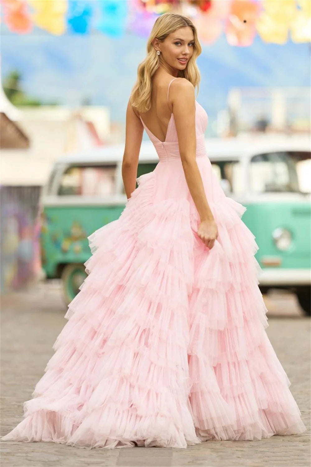 Baby Pink Multilayer Prom Dress Princess Evening Tulle Sweep Train Party Dresses Sleeveless Dress The Clothing Company Sydney