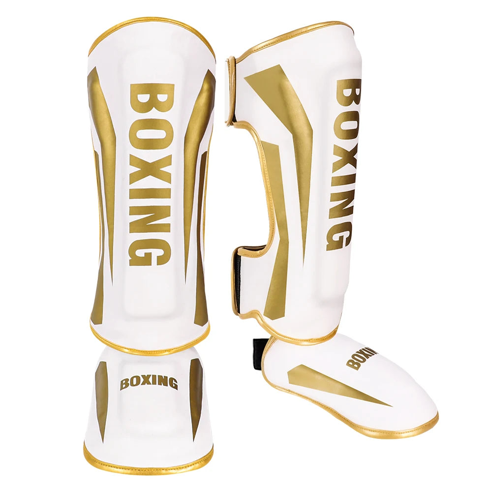 Muay Thai shin guards and foot back leg protectors for boxing, fighting, and taekwondo training