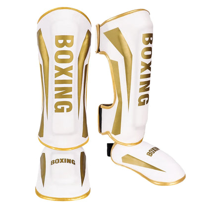 Muay Thai shin guards and foot back leg protectors for boxing, fighting, and taekwondo training