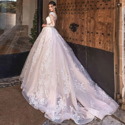 Lace Long Sleeves Bridal Gown Illusion Back Sweetheart Tulle A Line Wedding Dress