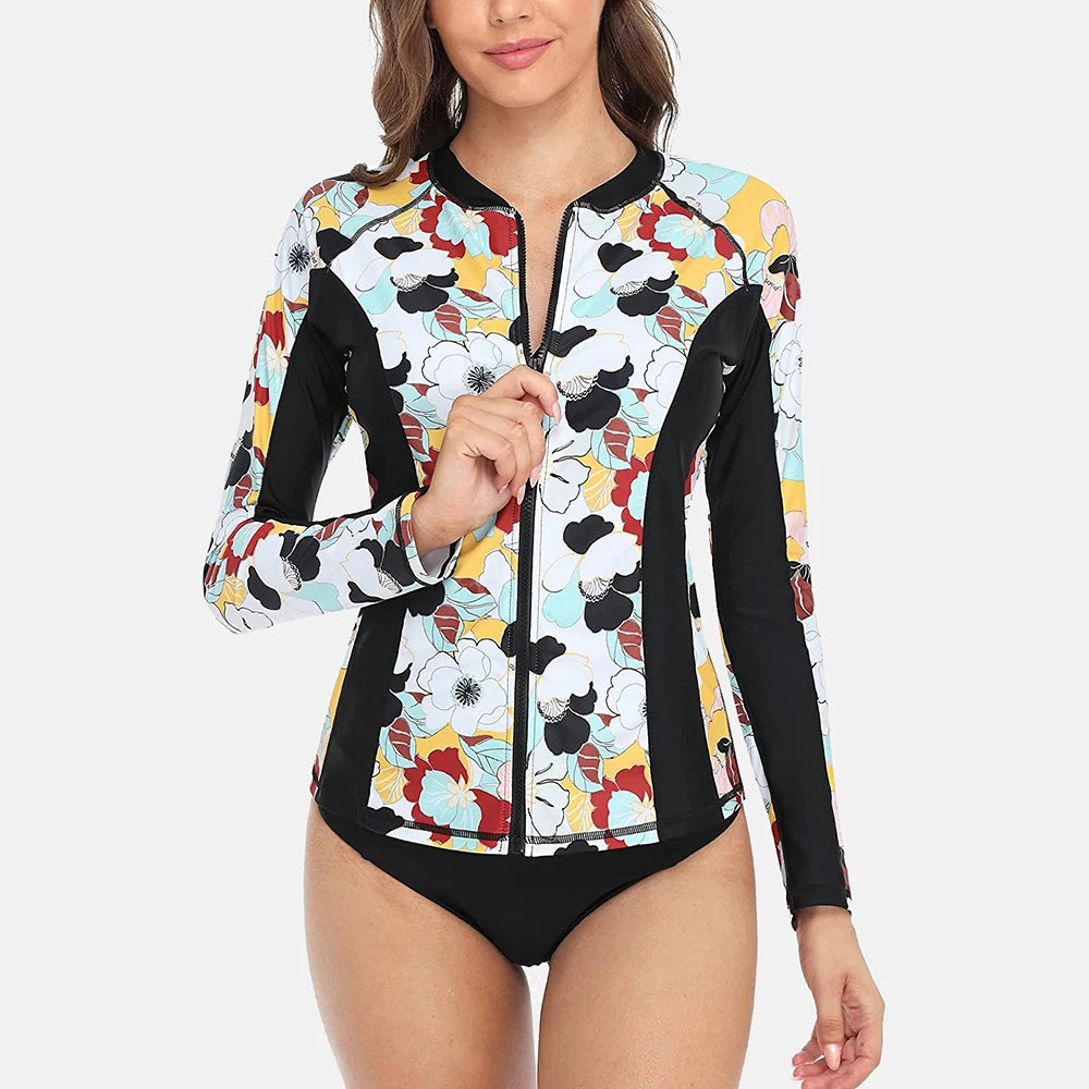 Women Long Sleeve Zipper Rashguard Top Floral Print Rush guard Swimwear Surfing UPF50+ Swimwsuit The Clothing Company Sydney