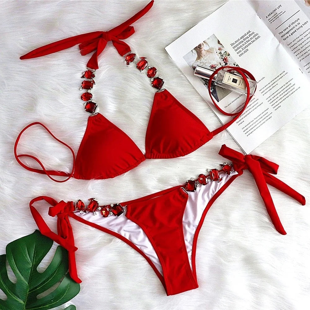 2 Piece Rhinestone Swimsuit Crystal Thong String Bikini Set Swimwear Beach Wear Bathing Suit